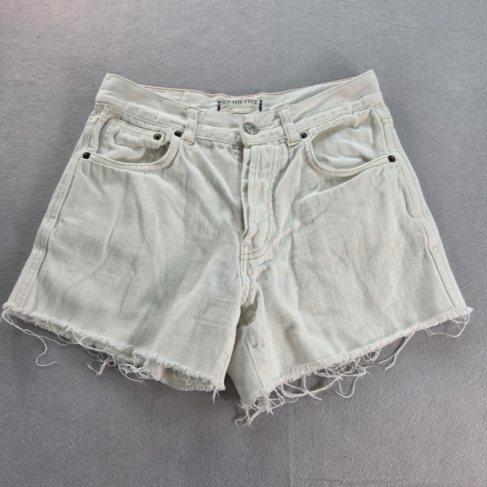 We The Free Free People Ivy Mid Rise Denim Shorts Cream Raw Hem Button Fly 25